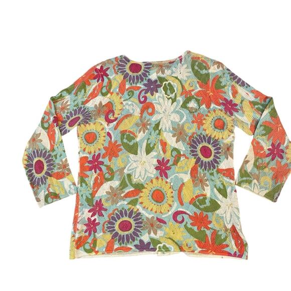 Susan Bristol Sweaters - Vintage Open Knit Coastal Sequin Floral Cardigan Medium Hippie Breezy Resort